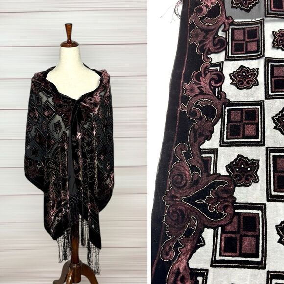 Dark Burgundy Scarf Shawl Burnout Velvet Silk Lined Fringes - Picture 1 of 14